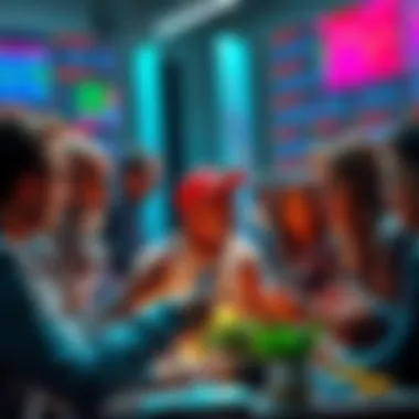 A group of diverse people engaged in cryptocurrency trading and discussions, showcasing the influence of HBARbarians in 2029.