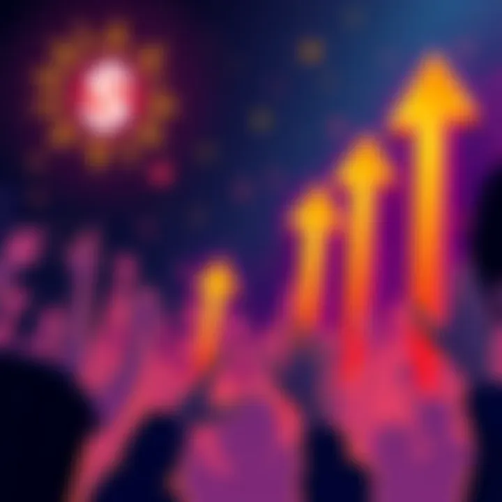 Illustration showing the potential rise of Hedera's HBAR price with upward arrows and a background of excited investors celebrating their profits.