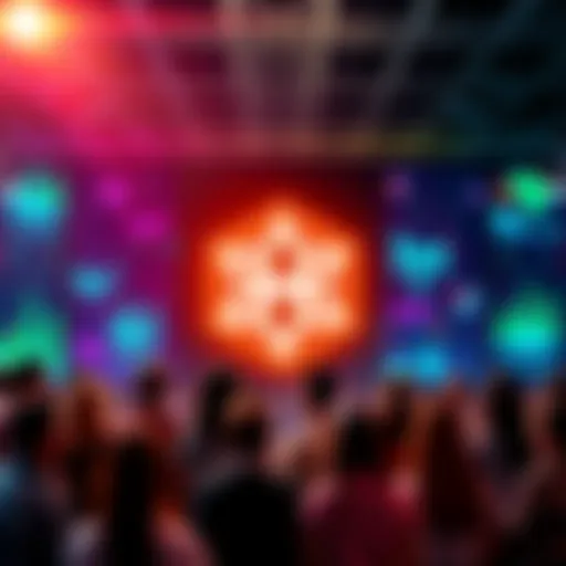 A vibrant graphic representing new developments in the Hedera blockchain ecosystem with excited people discussing around a central logo.