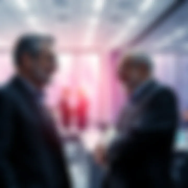 Two influential leaders discussing Hedera's future in a modern office setting with blockchain graphics in the background.