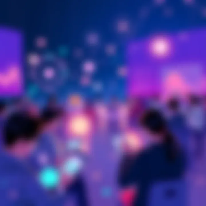 Illustration showing many people engaging with the Hedera platform on digital devices, symbolizing new user integration.