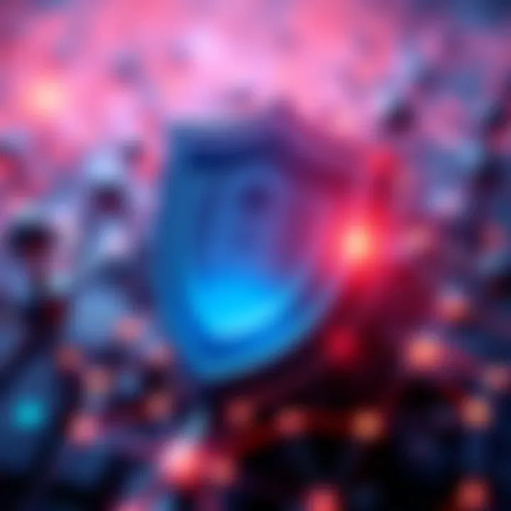 A graphic showing interconnected AI systems with a transparent shield symbolizing trust and governance provided by Hedera.