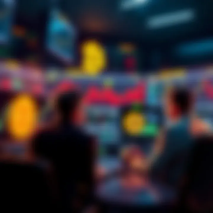 A group of investors analyzing Bitcoin charts on screens while discussing market trends, with a focus on hedge funds and retail investors