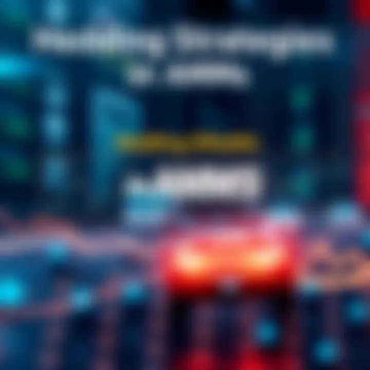 Diagram showing different hedging strategies used to manage impermanent loss in Automated Market Makers with visuals of financial graphs and liquidity pools.