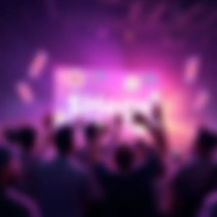 A vibrant group of people celebrating around a digital screen showcasing the $Hege logo and memes, reflecting excitement and community spirit.