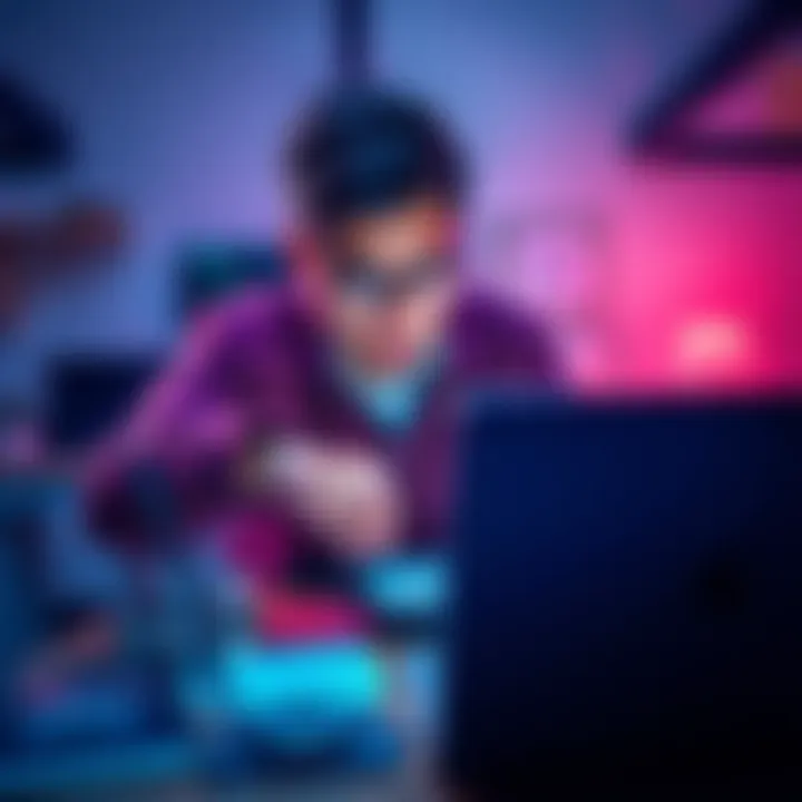 A person analyzing Helium hotspot earnings on a laptop with a concerned expression, surrounded by Helium-related devices and charts showing declining profits.