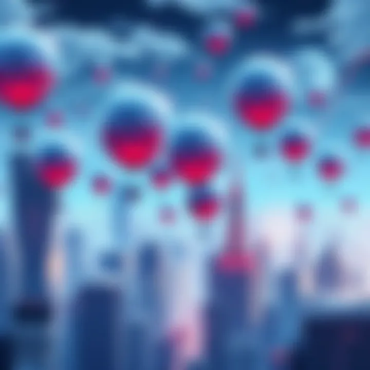 An illustration showing a futuristic cityscape with Helium balloons symbolizing data flow. A graph indicating potential pricing changes and growth trends in the background.