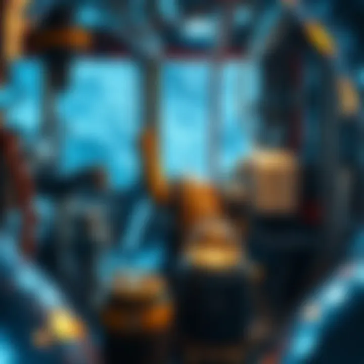 A miner working on a helium mining rig, surrounded by equipment and tools, with a focus on the extraction process.