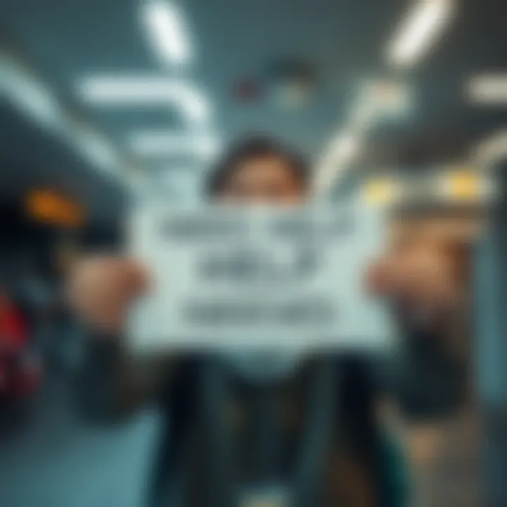 A person reaching out for assistance, showing a hopeful expression while holding a sign that says 'Help Needed'