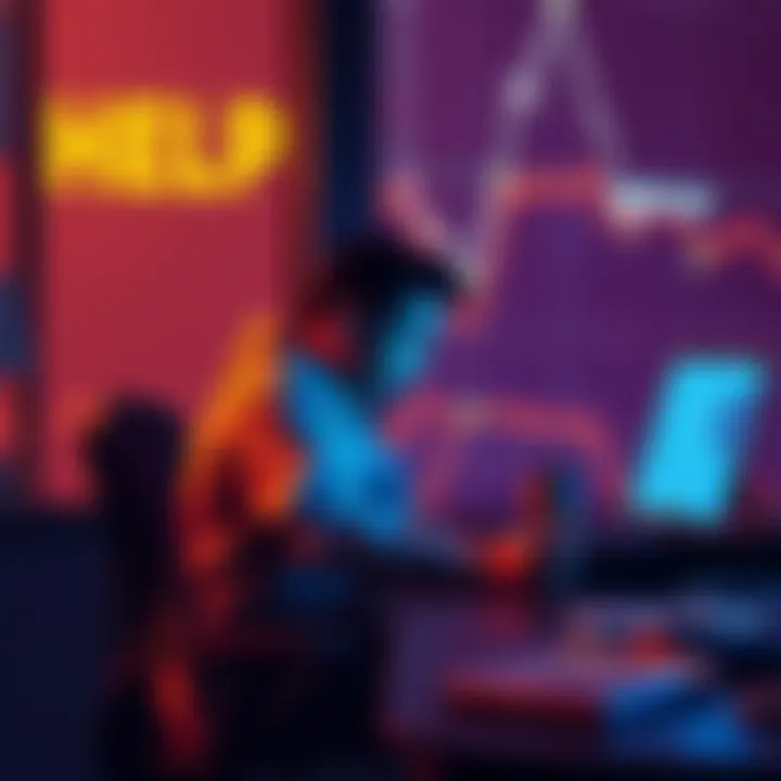 A person sitting at a desk with a laptop, looking for assistance to convert cryptocurrency into cash on forums.