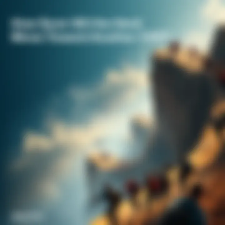 A large group of people hurrying toward the edge of a cliff, showing a sense of urgency and risk without looking ahead.