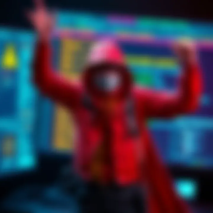 A bug hunter in a superhero pose, celebrating the prevention of a major hack, with a computer screen showing warning signs in the background.