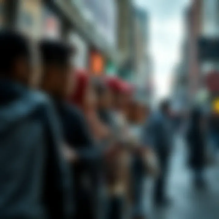 A diverse group of people discussing various social issues in a city setting.