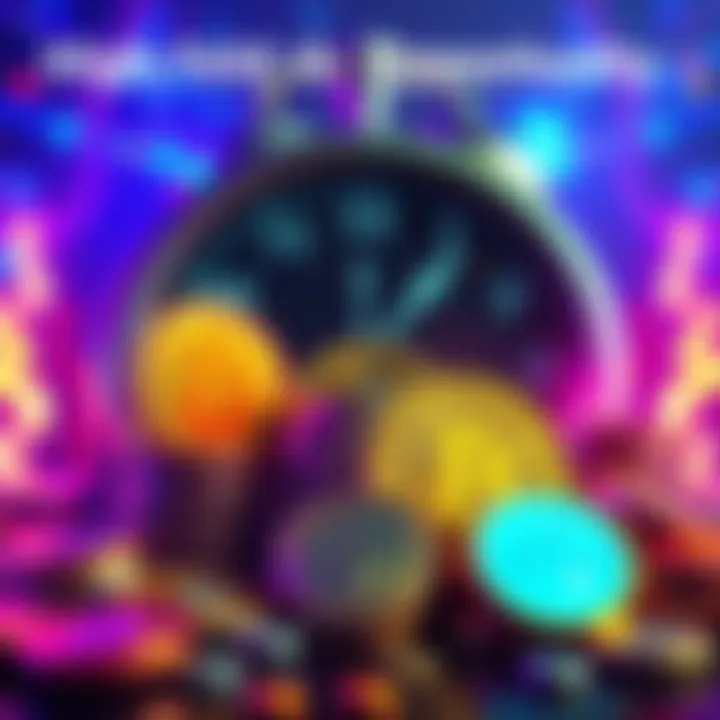 A vibrant graphic showing coins and cryptocurrency symbols like USDT, USDC, BTC, and ETH with a background of a clock indicating Thursday.