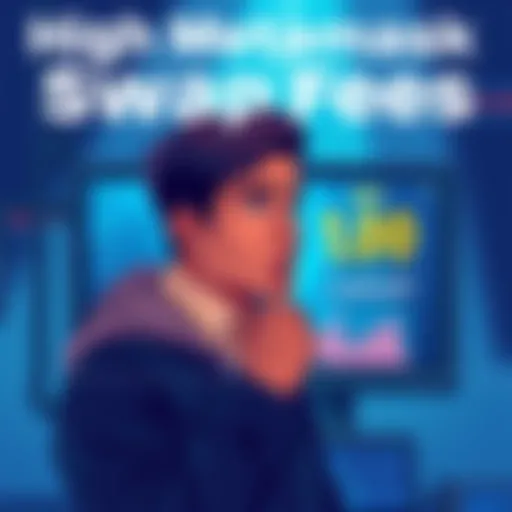 Illustration showing a person looking concerned at a screen displaying high swap fees on Metamask.