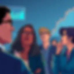 People discussing the unexpected situation, showing expressions of surprise and contemplation, with images of graphs in the background indicating a downturn.