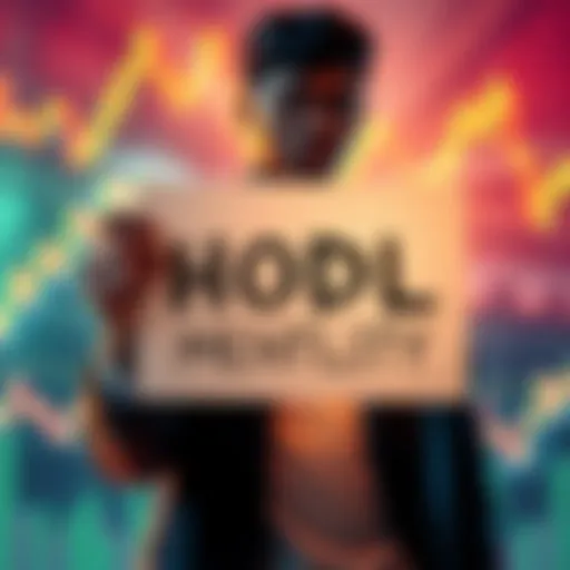 HODL Mentality A person holding a sign that says HODL, surrounded by fluctuating financial graphs, symbolizing the decision to hold onto investments despite market changes.