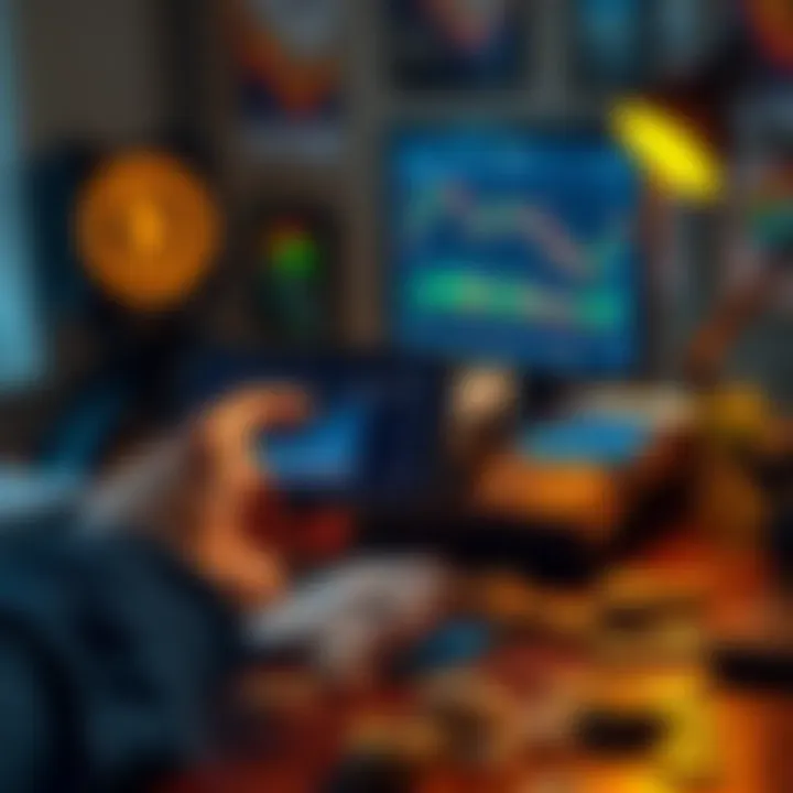 A person holding a smartphone displaying cryptocurrency charts while sitting at a desk with coins scattered around.