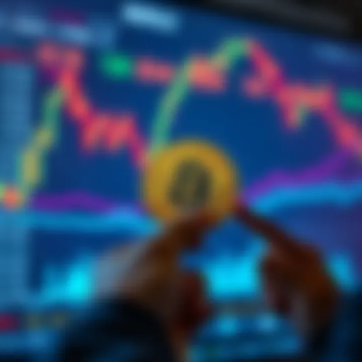 A person holding a Bitcoin symbol while looking at a fluctuating market chart on a screen, representing patience in investing.