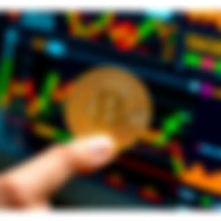 A close-up of a hand holding a golden bitcoin with a digital wallet interface in the background.