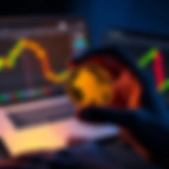 A person holding a physical Doge Coin in their hand with a laptop in the background showing a crypto trading chart