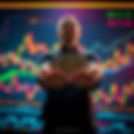 A person holding digital coins representing SOL while standing steady amidst fluctuating market charts in the background.