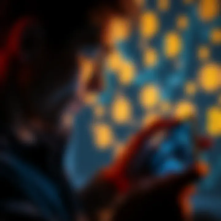 A person looking at their crypto wallet on a smartphone, contemplating whether to sell or borrow against their assets, with a backdrop of digital currency symbols.