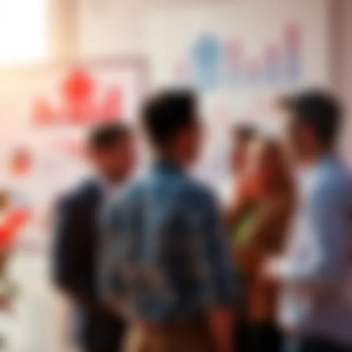 A group of people discussing home buying options with charts and graphs in the background