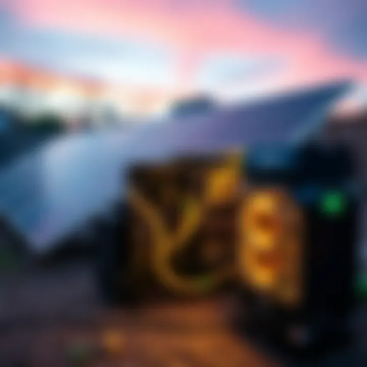 A home mining rig powered by solar panels, showing equipment and solar energy installation in a backyard setting.