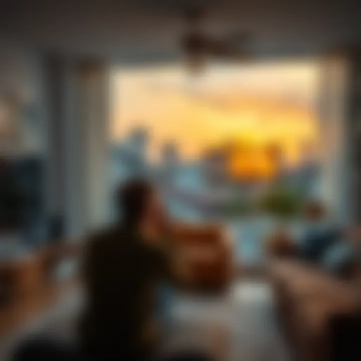 A worried homeowner looks out at a visible base structure from their living room, highlighting safety risks in a neighborhood setting.
