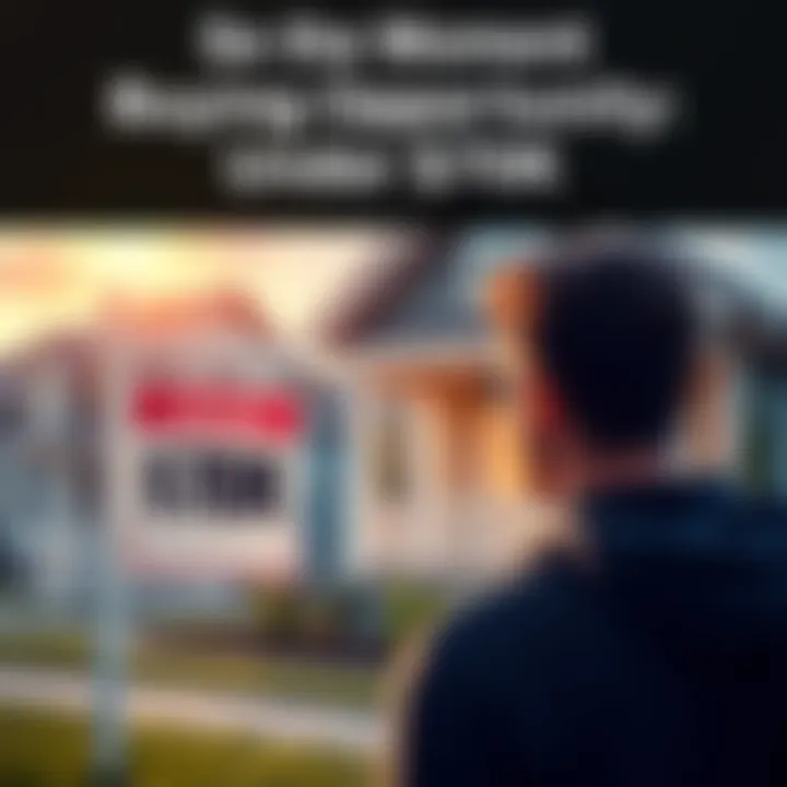 Home Buying Opportunity A person looking at a house for sale with a sign showing a price under $70K, symbolizing a great buying chance.