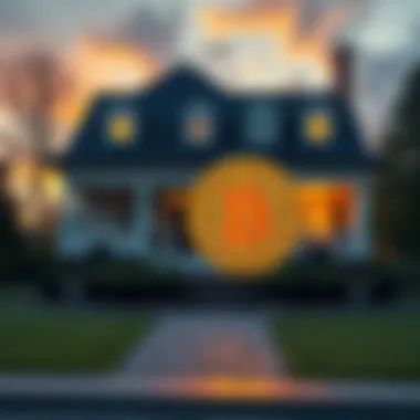 A house with a Bitcoin logo in front, symbolizing the trend of selling homes for cryptocurrency.