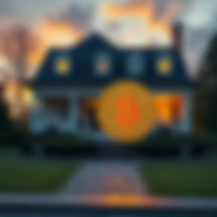 A house with a Bitcoin logo in front, symbolizing the trend of selling homes for cryptocurrency.