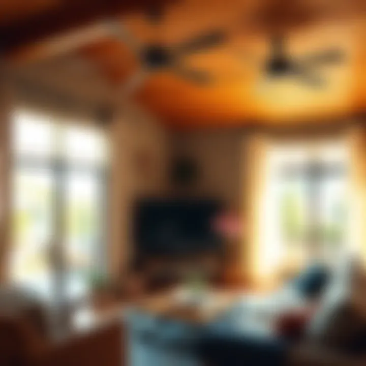 A cozy living room with ceiling fans running and sunlight blocked by curtains to keep the house cool in summer