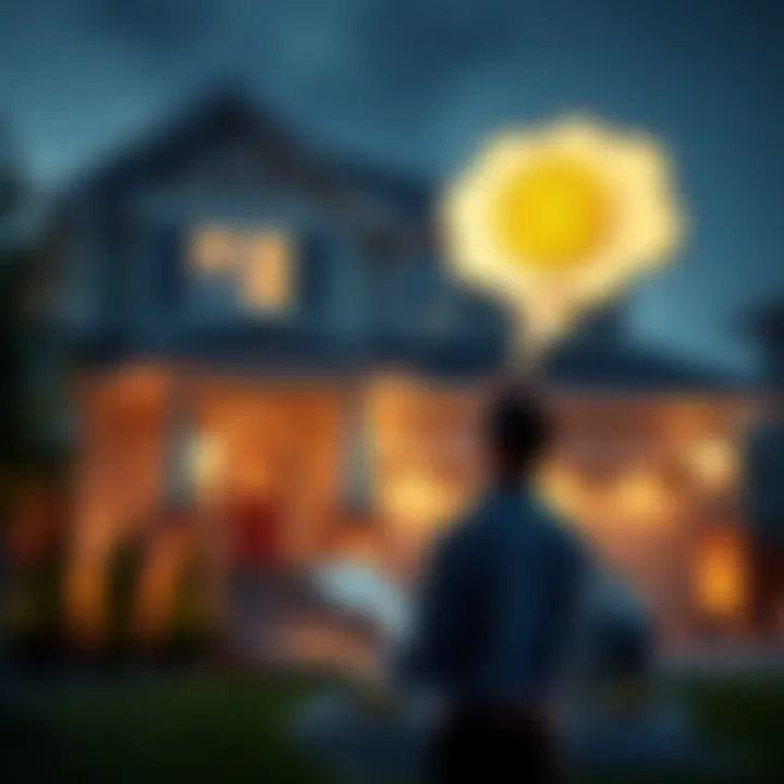 A person stands in front of a new home with a thought bubble depicting Bitcoin, symbolizing their investment choices, while holding financial documents in hand.