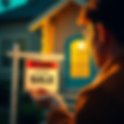 A person looking at a house for sale sign while holding a Bitcoin symbol in hand.