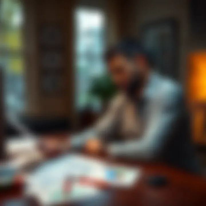 A homeowner sitting at a table looking at mortgage documents and stock market charts, reflecting on financial choices
