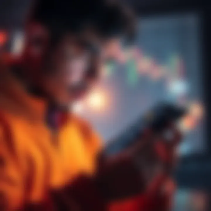 A worried person looking at their phone with dropping income graphs on the screen