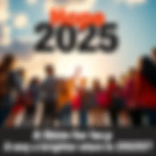 A group of diverse people holding hands and looking toward a bright future with a sunny sky in the background.