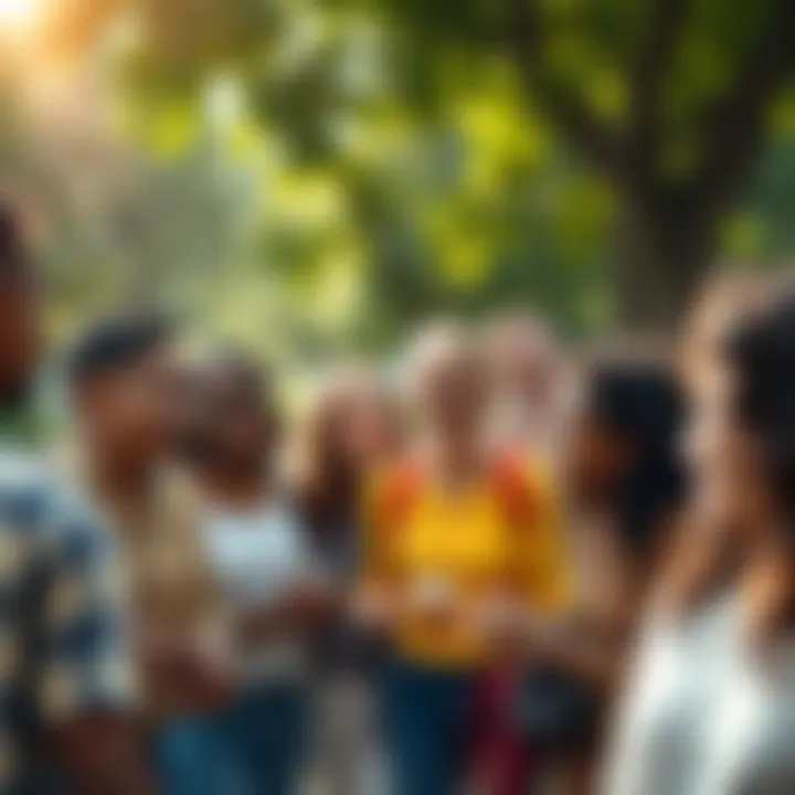 A diverse group of people smiling and talking together in a park, representing optimism and progress.