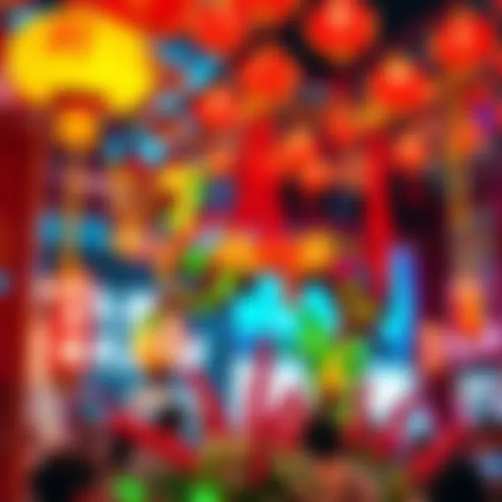 A vibrant horse decoration surrounded by festive lights and decorations celebrating the Chinese New Year