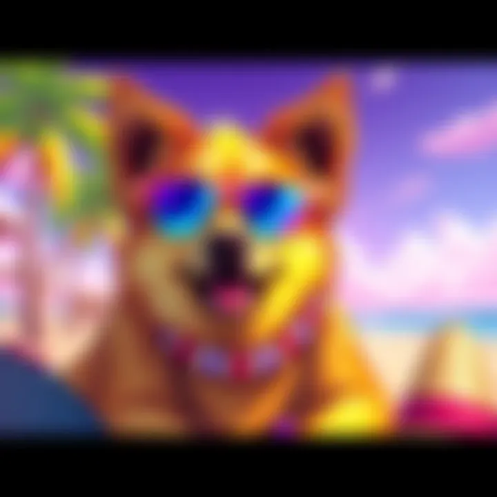 Colorful illustration of a doge wearing sunglasses and summer accessories, surrounded by vibrant beach elements like palm trees and sun hats, celebrating the crypto trend.