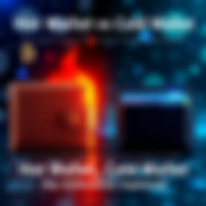 A visual comparison showing a hot wallet and a cold wallet side by side, illustrating their key features and differences in cryptocurrency storage, with a background of digital currency symbols.