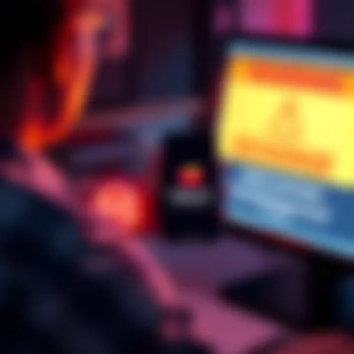 A person holding a smartphone displaying a digital wallet icon while a computer shows a warning sign about exchange security issues.