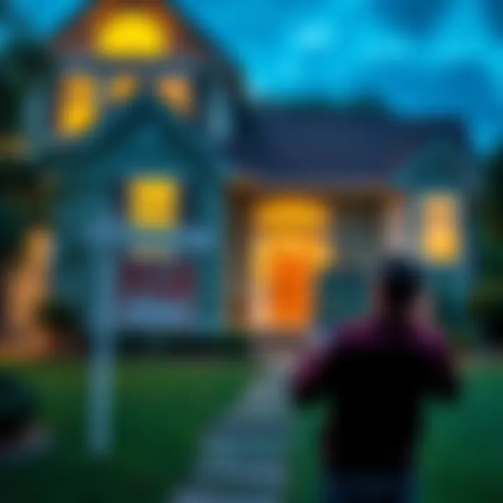 A person standing outside a sold house with a 'For Sale' sign, looking at a laptop showing financial graphs.