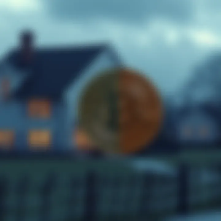 A split image showing a house on one side and a Bitcoin coin on the other, representing the choice between buying a home and investing in cryptocurrency.