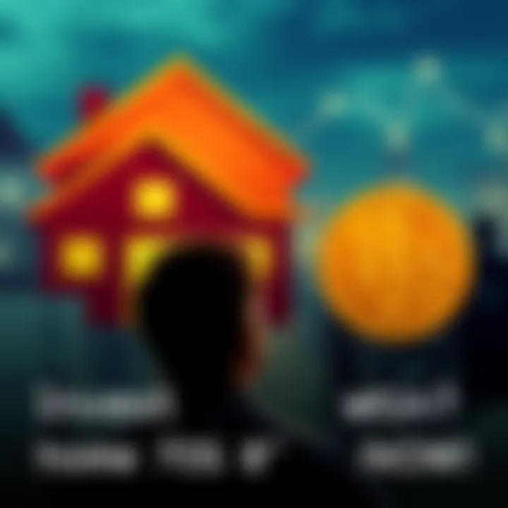 A person contemplating investment options with a house icon and Bitcoin symbol in the background