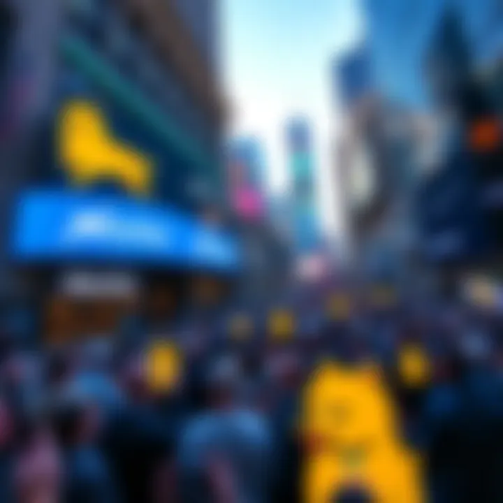 A crowd gathers at the Nasdaq Exchange in NYC to celebrate the launch of the Dogecoin ETF, showcasing the Dogecoin logo and community spirit.
