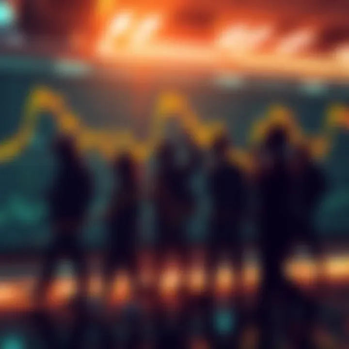 Illustration of people with fluctuating stock prices on a digital display, resembling a market chart, showcasing their progress and social influence.