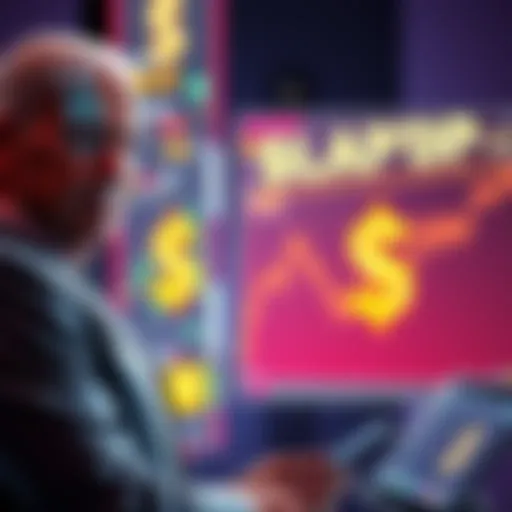 Hunter Biden stands next to a digital display of his $LAPTOP crypto coin, looking concerned as the value drops, while investors watch on their devices.